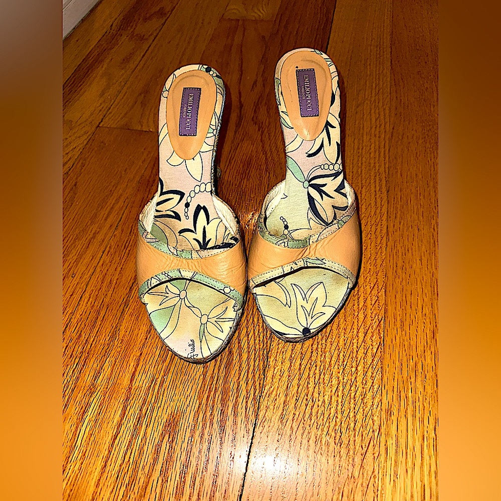 Emilio Pucci Beige Floral-Print Slip-On Wedge Sandals